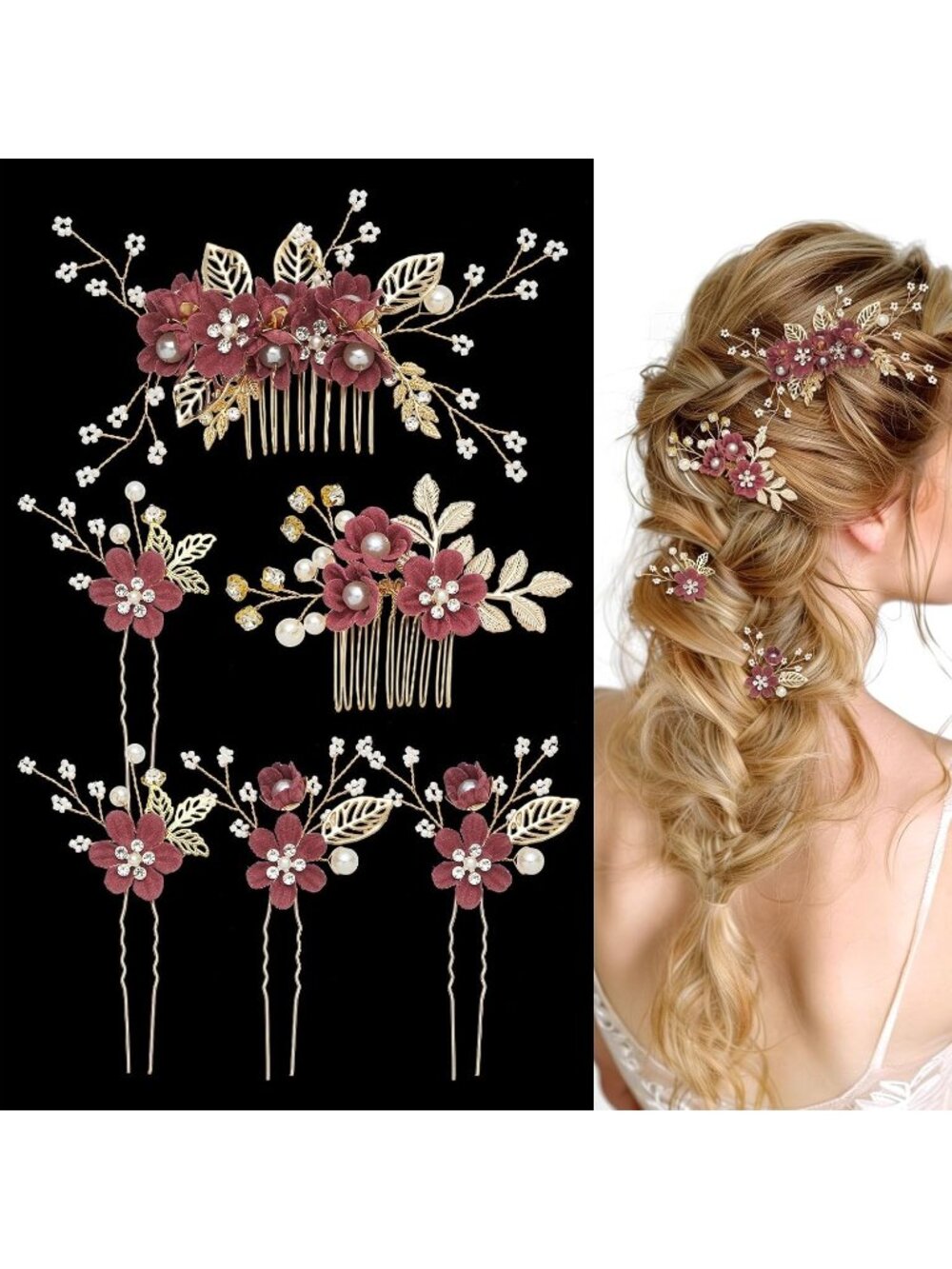 Women's Red 6 Pcs French Rhinestone Bridesmaids Floral Bridal Hair Clips